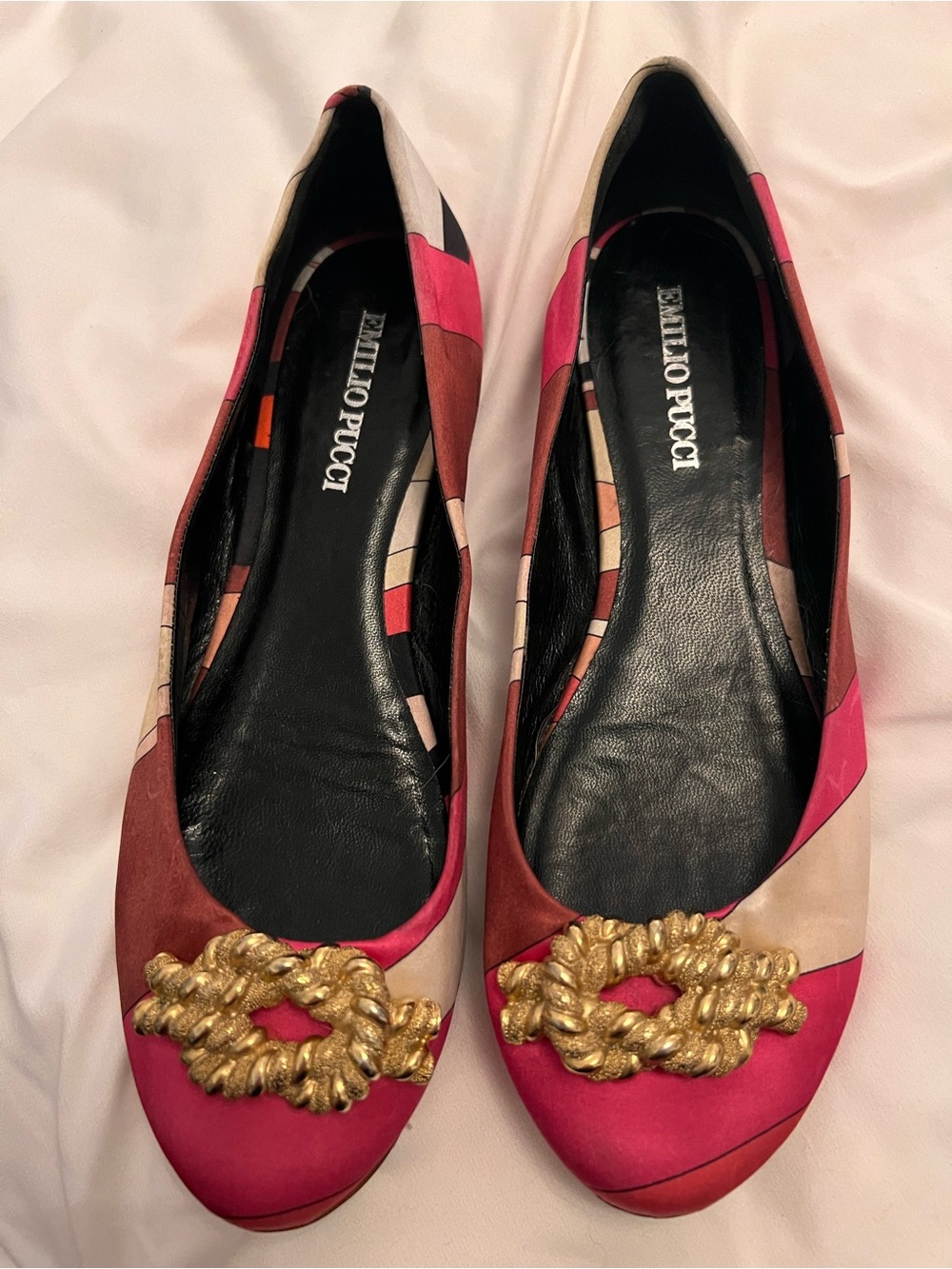 Emilio Pucci Pink Silk Multi-Color Embellished Ballet Flats